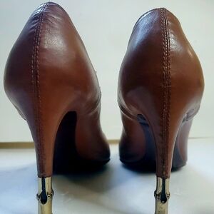 Authentic Gucci Brown Leather Pointed Toe Pumps With Gold Heel Accent, Size 9.5B